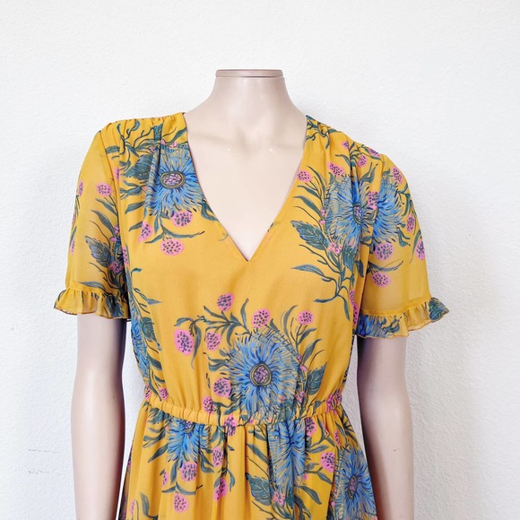 [Madewell] Sweetgrass Ruffle-Sleeve Dress Painted Blooms Yellow V-Neck Size 6 - Picture 4 of 12